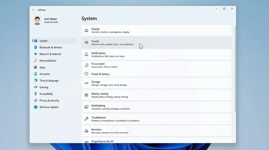 Windows 11のシステム設定画面からサウンドの項目を選択する操作の様子