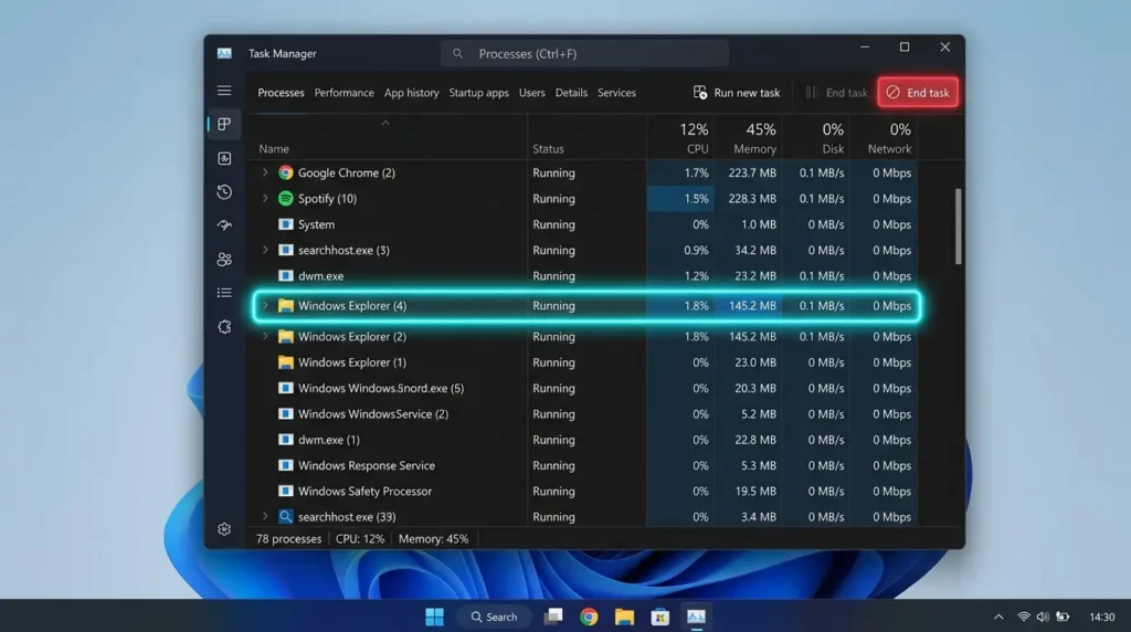 Windows 11のタスクマネージャー画面でエクスプローラーのプロセスを選択して再起動する様子