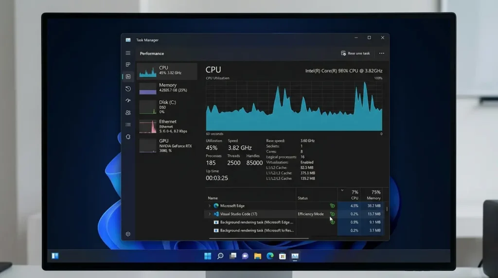 Windows 11のタスクマネージャー画面で各アプリのメモリ消費量をチェックする様子