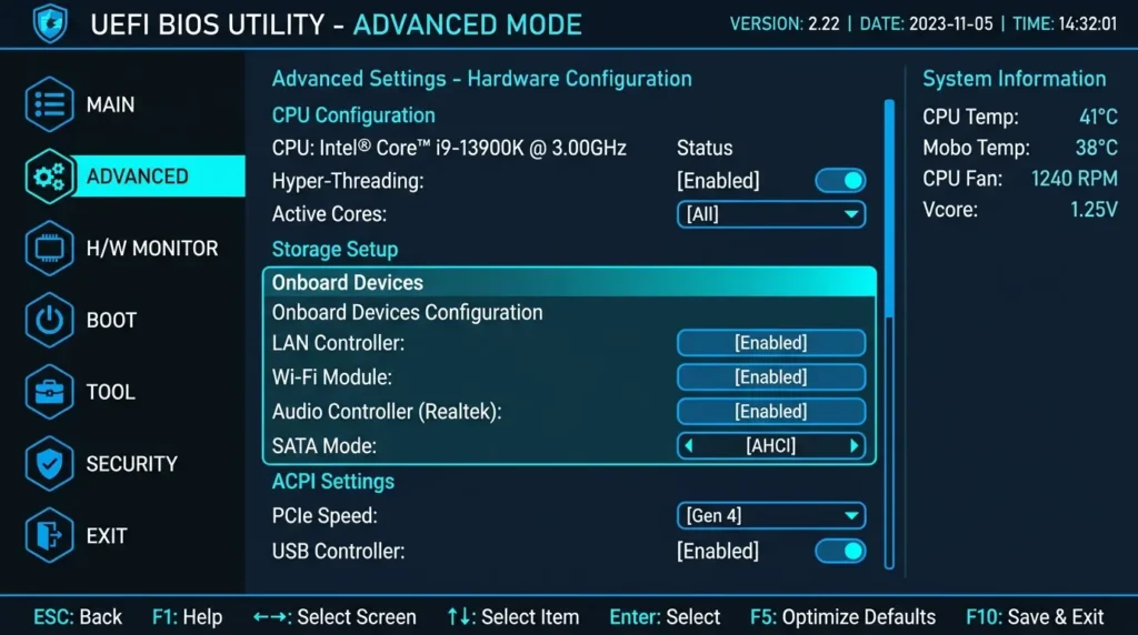 パソコンの起動時に呼び出すUEFI（BIOS）画面で内蔵オーディオ機能が有効になっているかを確認する様子