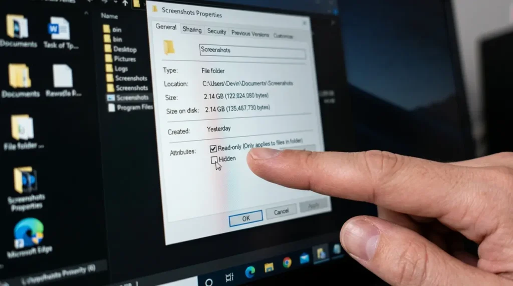 プロパティの画面で隠しファイルの属性チェックマークを外す手順
