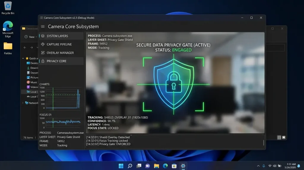 Windows 11のプライバシー保護機能によって外部アプリケーションへのカメラ映像データの流出がガードされている状態の概念図
