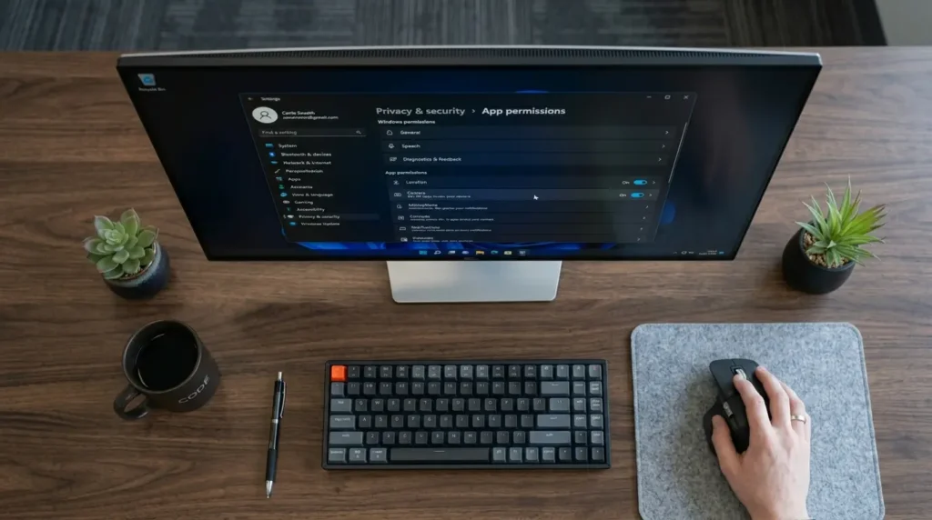 Windows 11の設定アプリでプライバシーとセキュリティメニューからカメラの項目を選択してアクセス許可の一覧を表示する操作