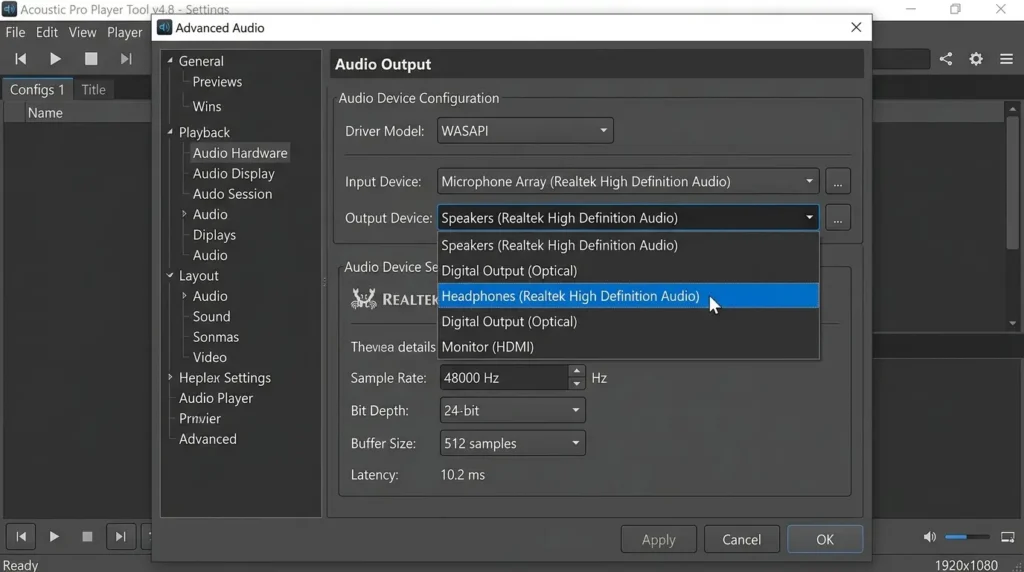 メディアプレーヤーのオーディオ設定メニューで出力先をシステムの既定値からRealtekオーディオに手動で固定する操作