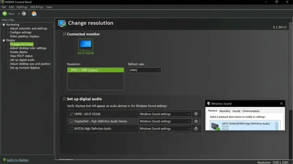 パソコンの画面でNVIDIAコントロールパネルを起動してディスプレイ項目のデジタルオーディオの設定を確認する操作