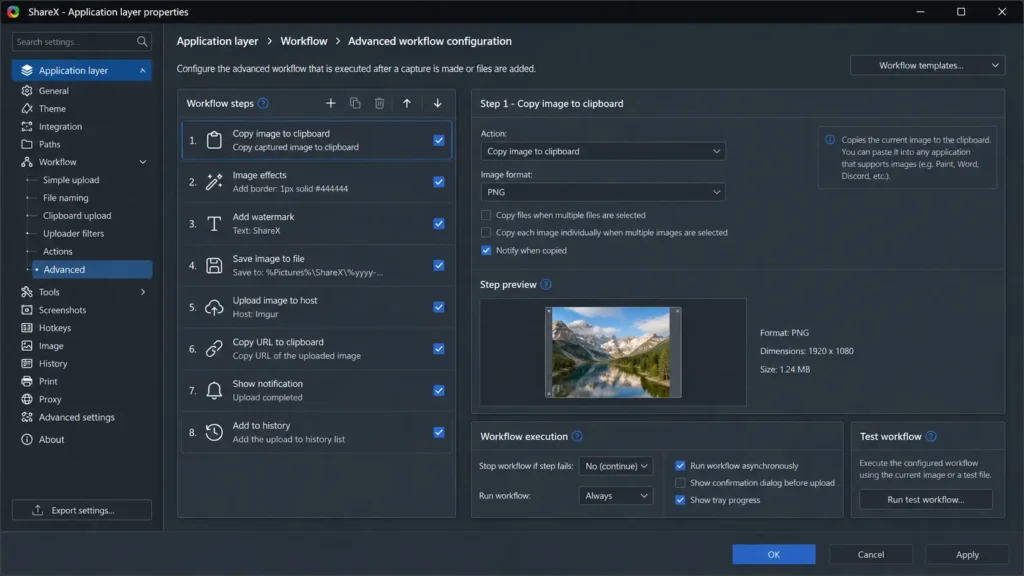 ShareXの設定アプリ画面でキャプチャー後のタスク一覧を開きファイルの保存とクリップボードへのコピーにチェックを入れる操作