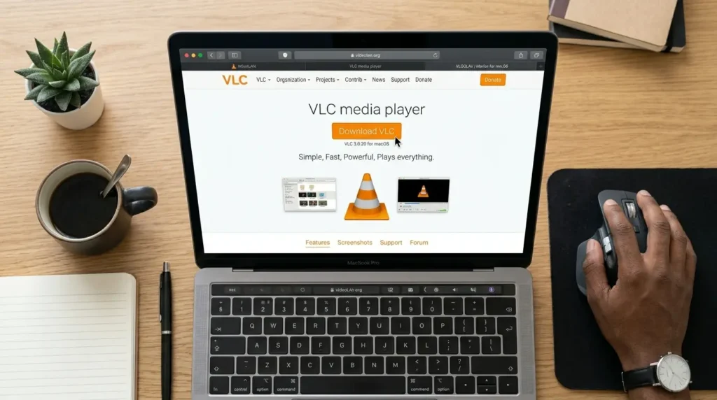 Webブラウザの画面でVideoLANの公式サイトを開き偽の広告サイトを回避して本物のVLCダウンロードボタンを確認する操作