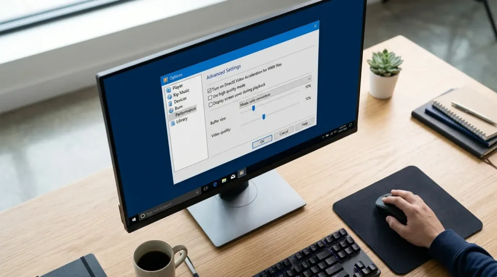 新しいWindows Media Playerの設定画面で音声の出力先デバイスのドロップダウンメニューを展開する操作