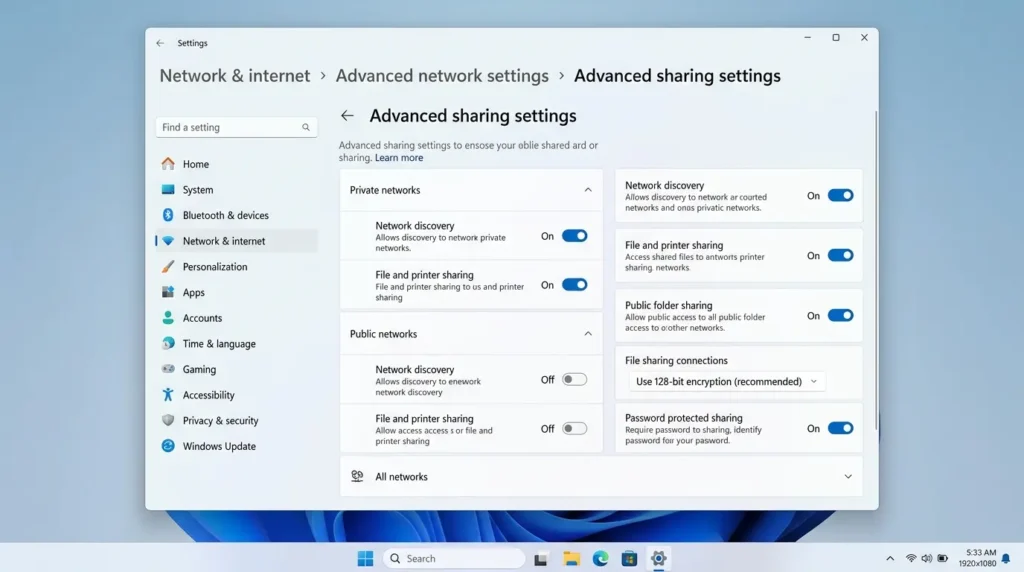 Windows 11の設定アプリで詳細な共有設定メニューの各種トグルスイッチを確認する操作