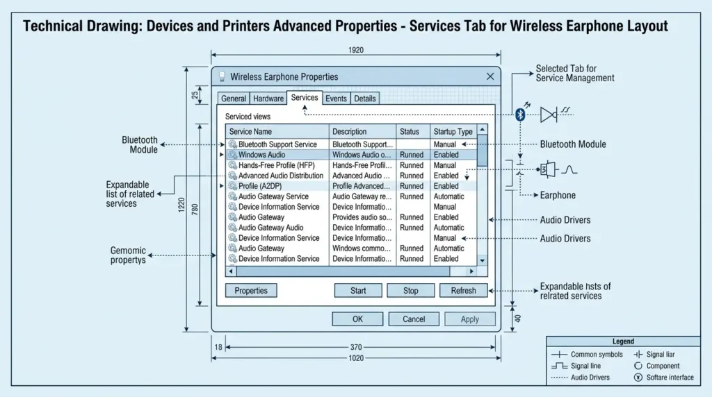 クラシックなデバイスとプリンター画面からイヤホンのプロパティを開きサービス（Services）タブの項目を確認する操作