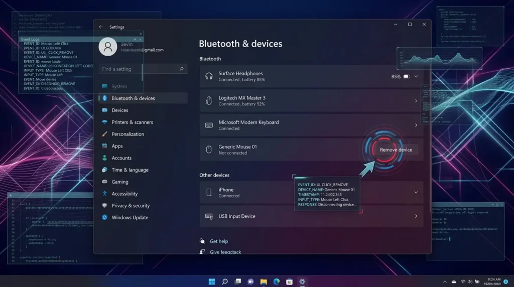 Windows 11の設定画面でBluetoothとデバイスの一覧から接続済みのイヤホンを一度デバイスの削除で消去する操作