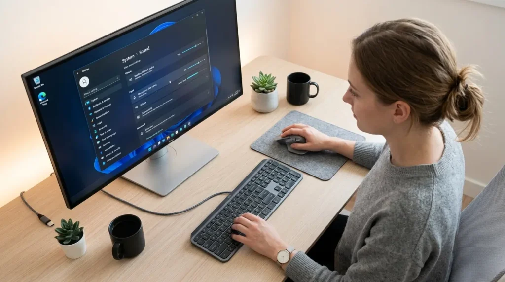 Windows 11の設定アプリでシステムメニューのサウンド項目から出力先の一覧を表示する操作