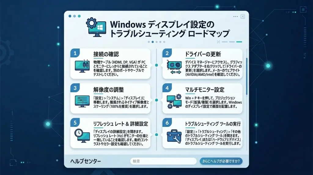 パソコンの画面管理や明るさ設定解決手順に関するよくある質問のインフォグラフィック画面