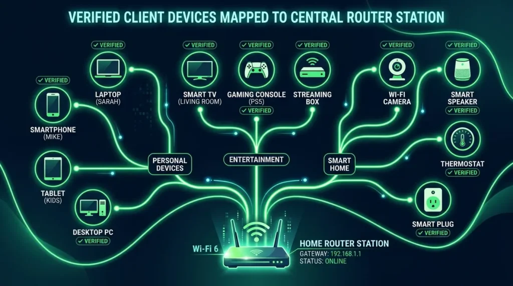 ホームルーターを中心に有線LANと無線Wi-Fiのクライアント機器が美しく同期接続されたトポロジーマップ