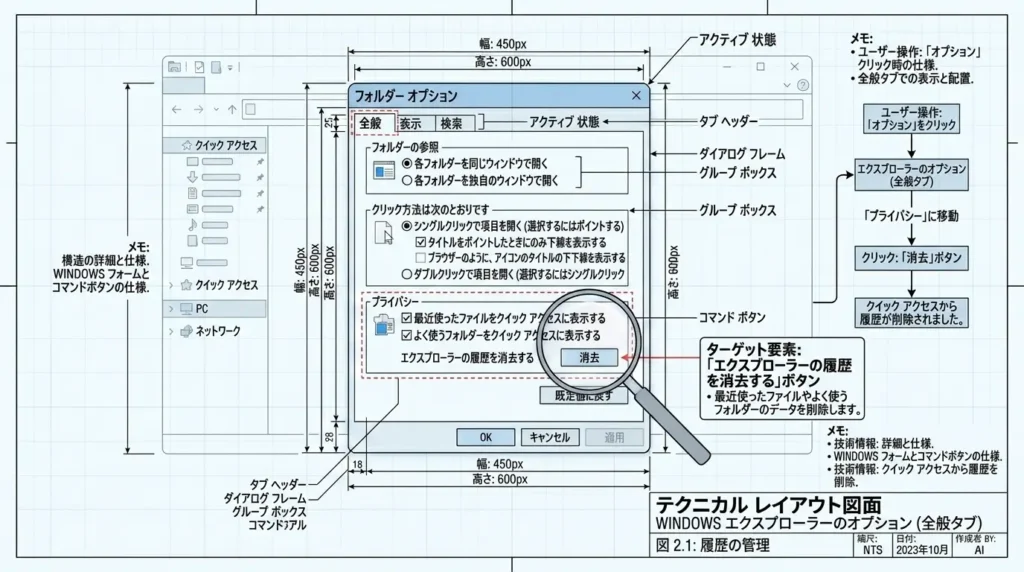 エクスプローラーのオプション画面で一般タブ内にあるエクスプローラーの履歴を消去するボタンをクリックする操作