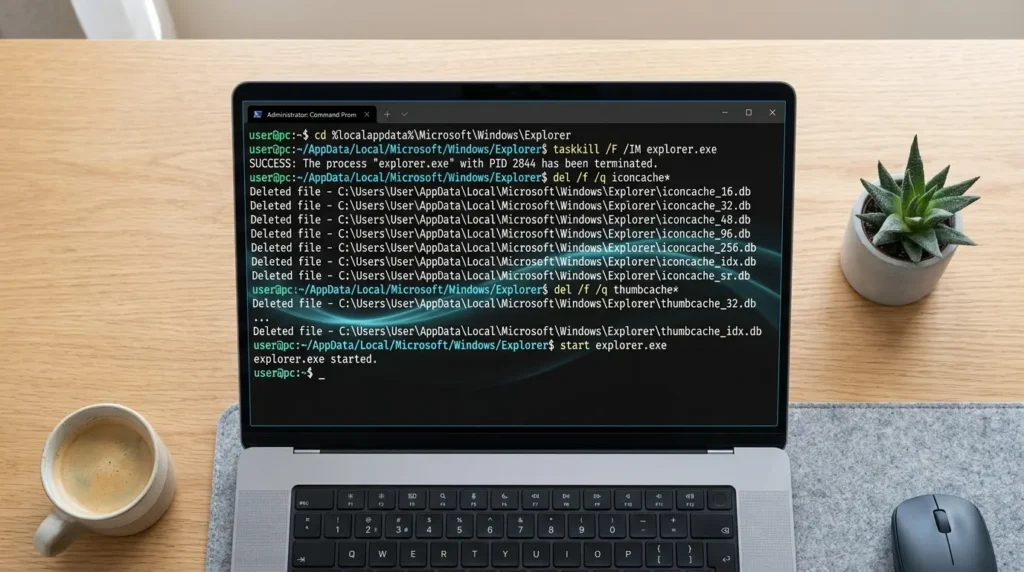 コマンドプロンプト画面にアイコンキャッシュファイルを削除する特定のコマンドテキストを入力して実行する手順