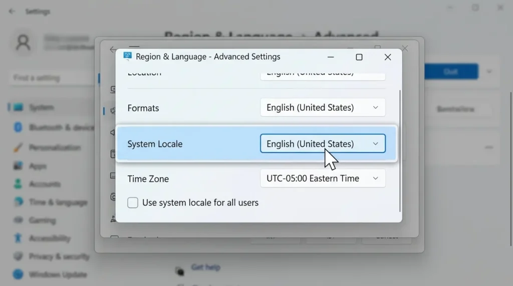 地域設定ウインドウでシステムロケールの現在の設定を日本語日本に選択し直す様子