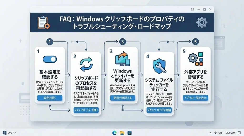 パソコンのシステム管理やコピペエラー解決手順に関するよくある質問のインフォグラフィック画面