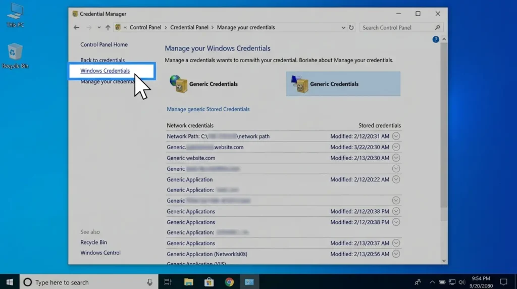 資格情報マネージャー画面でWindows資格情報の追加の青い文字リンクをクリックする操作