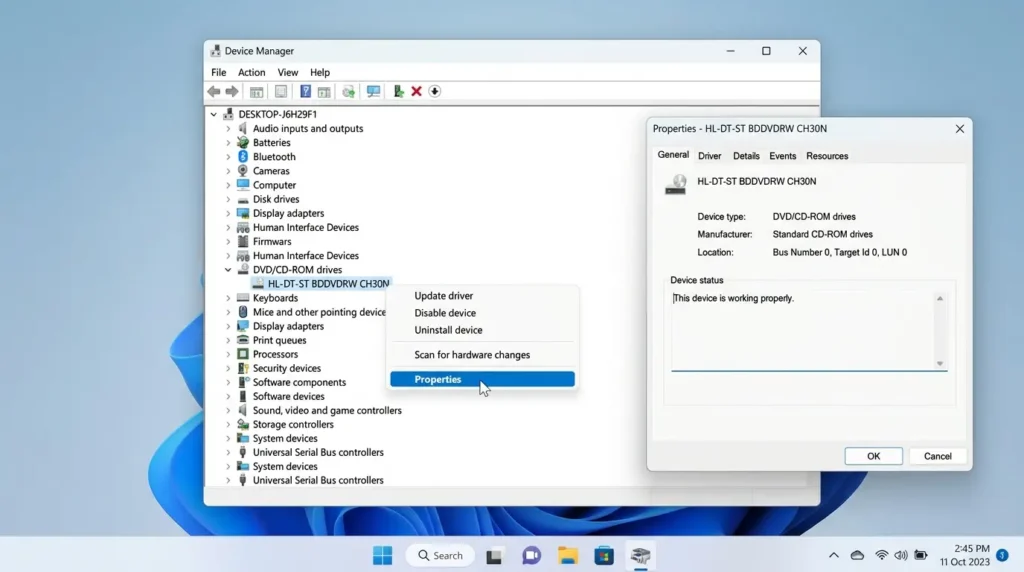 Windows 11のデバイスマネージャー一覧からDVDとCD-ROMドライブの項目を展開する操作