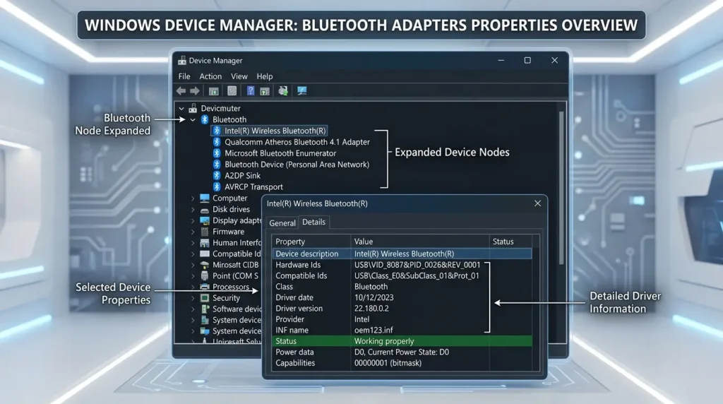 デバイスマネージャーの画面でBluetoothの一覧から内蔵ワイヤレスアダプターのドライバーの更新を選ぶ手順