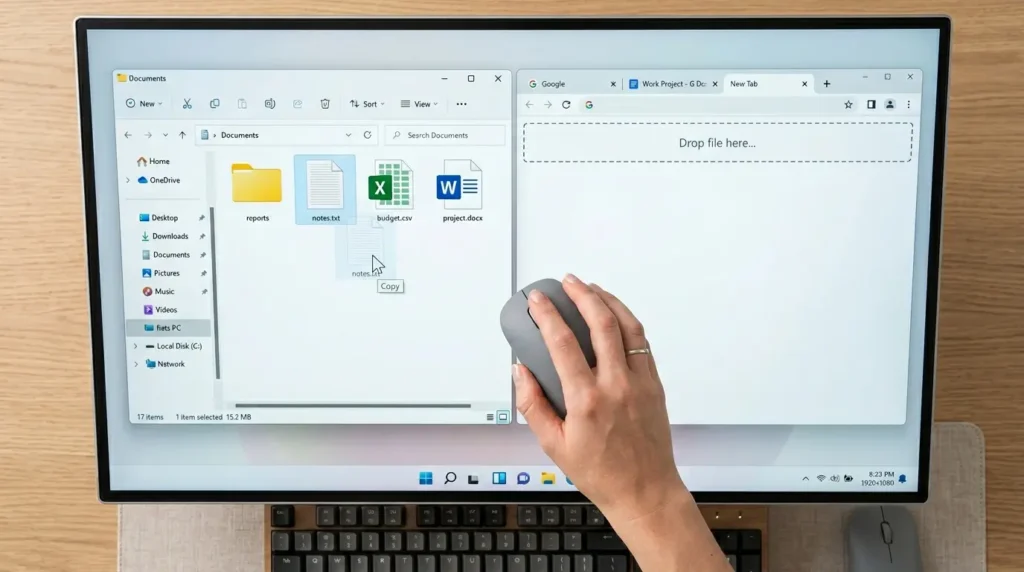 文字化けしたテキストファイルのアイコンをGoogle Chromeのブラウザ画面へドラッグアンドドロップする手順