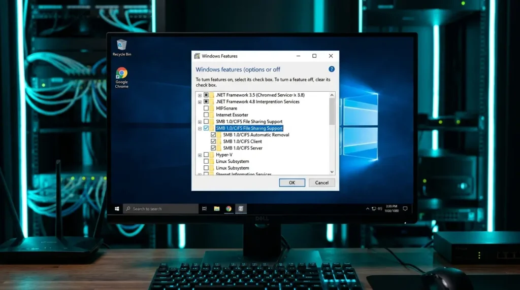 Windowsの機能の有効化または無効化画面でSMB 1.0のチェックボックスをオンにする操作