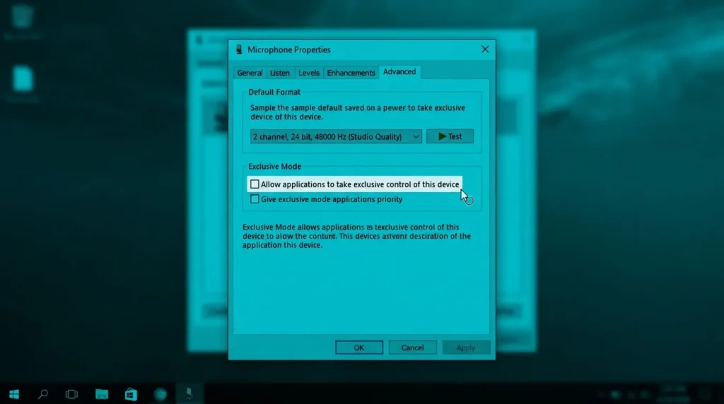 マイクのプロパティの詳細タブ画面でアプリケーションにこのデバイスの排他制御を許可するのチェックを外す操作