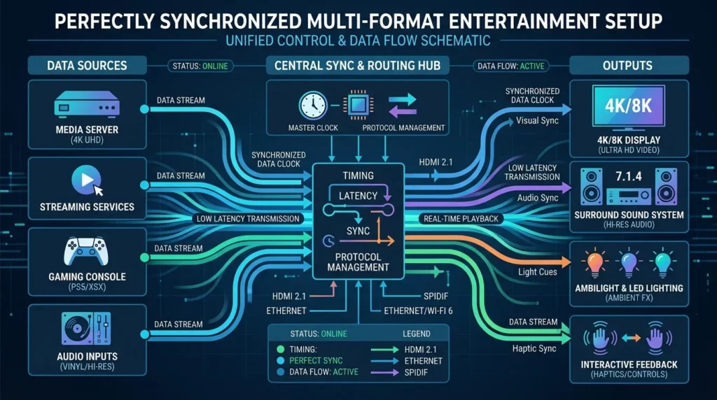 パソコンに高音質ヘッドホンや外付け光学ドライブを接続して映画鑑賞を楽しむ現代的なホームオフィスの様子