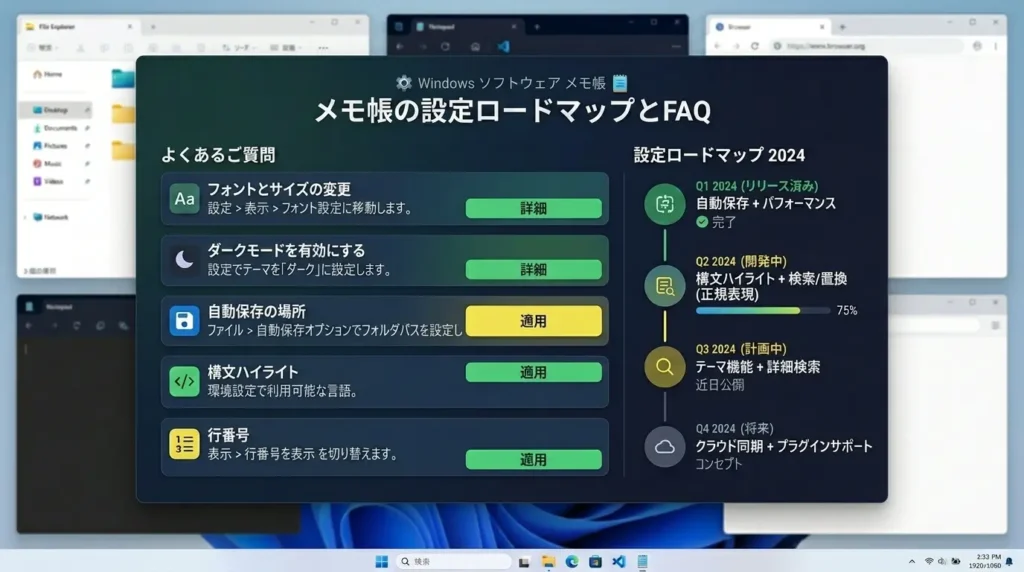 パソコンのメモ帳管理やシステムロケールのベータ機能変更手順に関するよくある質問のインフォグラフィック画面