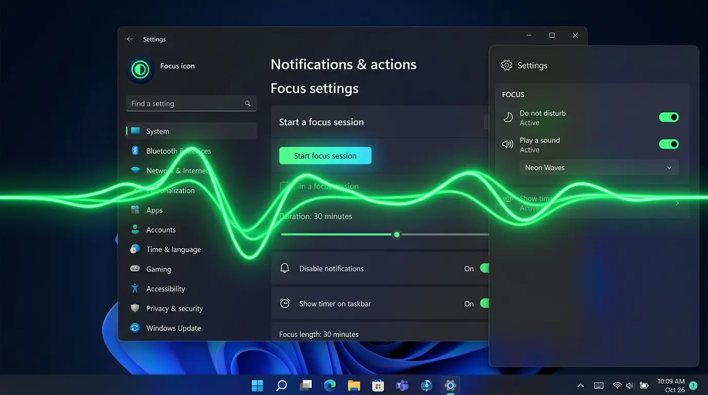 Windows11の通知設定画面と音響ウェーブのグラフィック