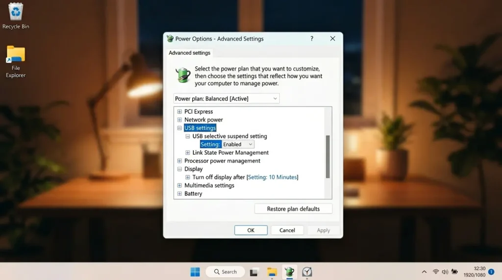 電源オプションの詳細設定画面でUSBのセレクティブサスペンドの設定を無効にする操作