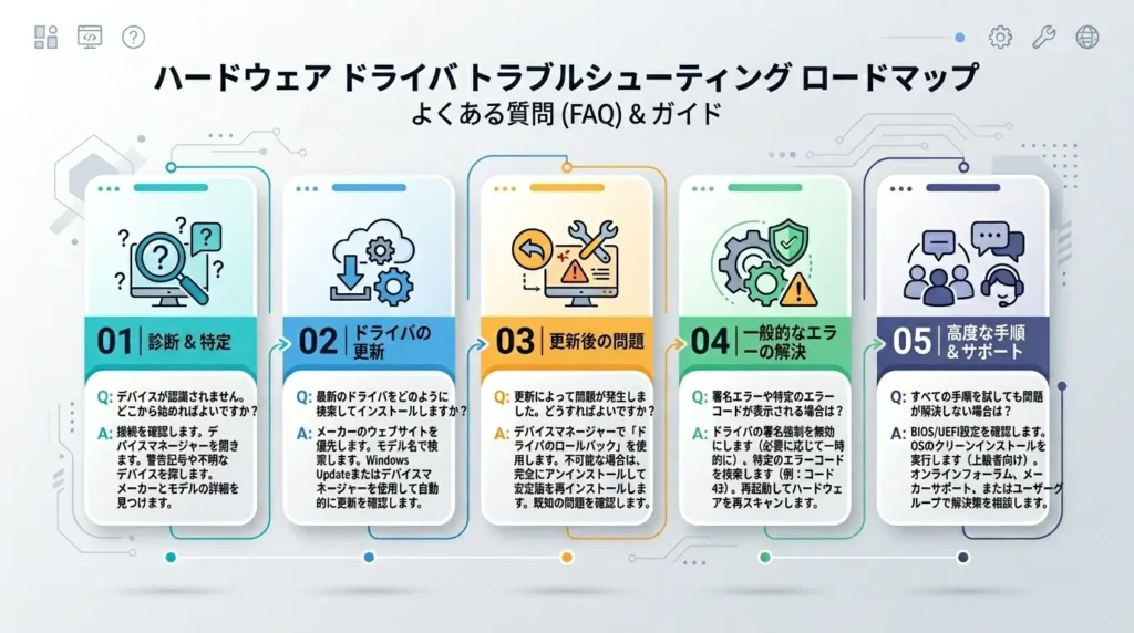 パソコンのプリンター管理やドライバー削除手順に関するよくある質問のインフォグラフィック画面