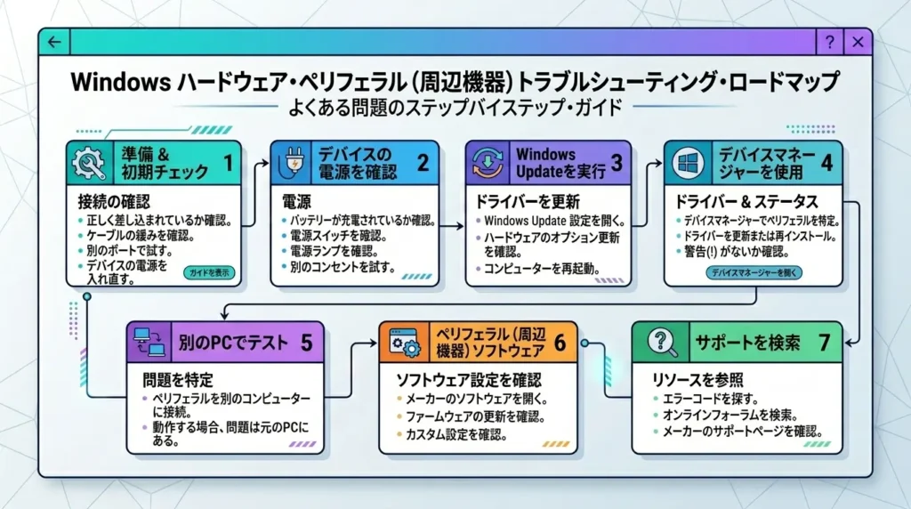 パソコンのプリンター管理やポートの電力設定変更手順に関するよくある質問のインフォグラフィック画面