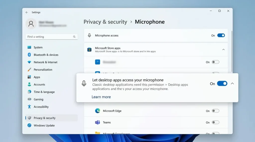 プライバシーとセキュリティのマイク画面でデスクトップアプリにマイクへのアクセスを許可するをオンに切り替える手順