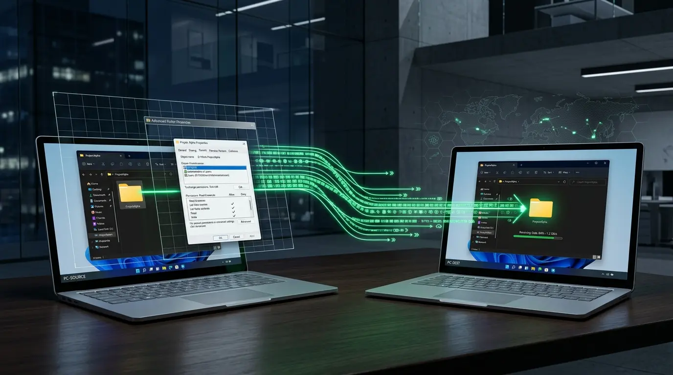 同じローカルネットワークに接続された2台のWindows 11パソコン間で共有フォルダーを設定してデータを同期する様子