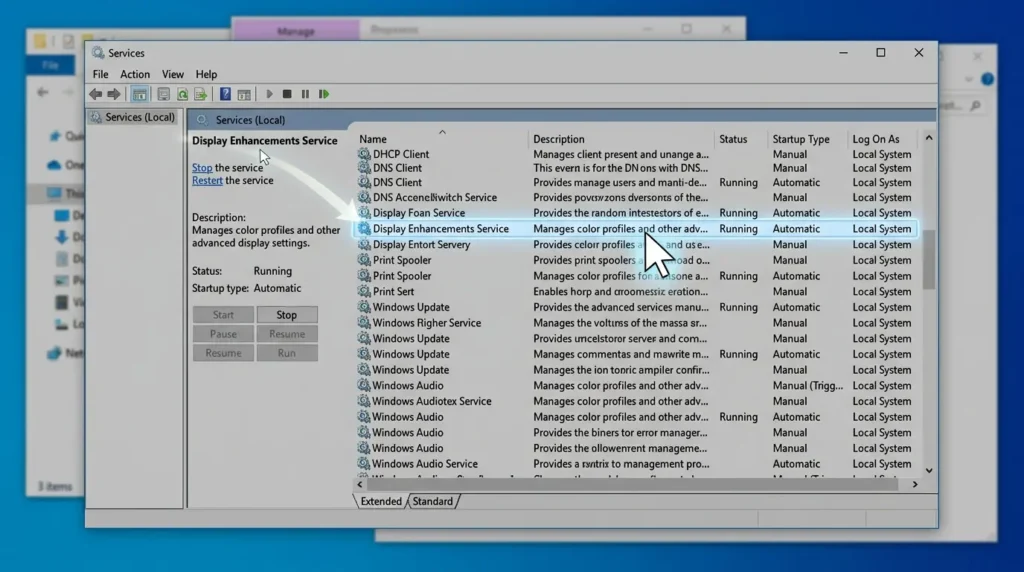 サービス管理画面の一覧にあるDisplay Enhancement Serviceを右クリックして再起動を選択する操作