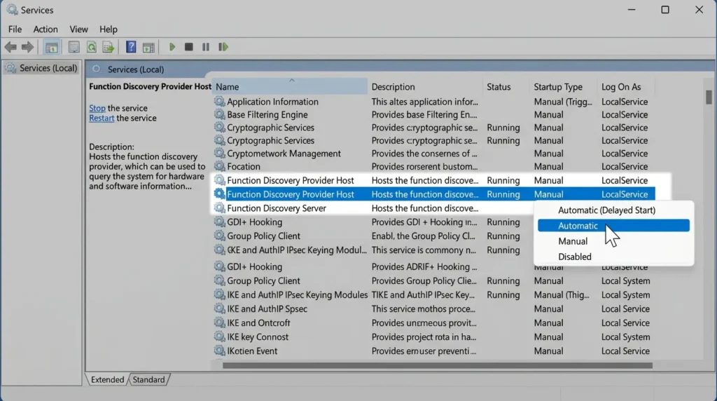 サービス管理画面の一覧にあるFunction Discovery Provider Hostを開きスタートアップの種類を自動に変更する操作