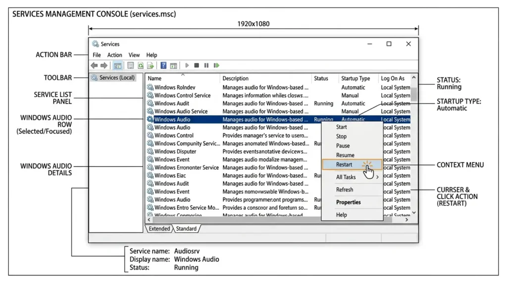 サービス管理画面の一覧からWindows Audioの項目を選んでサービスの再起動をクリックする操作