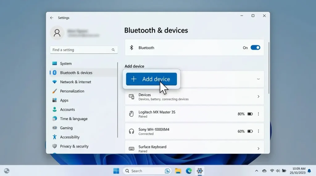 Windows 11の設定アプリ画面からプリンターとスキャナーの追加メニューを選択する操作