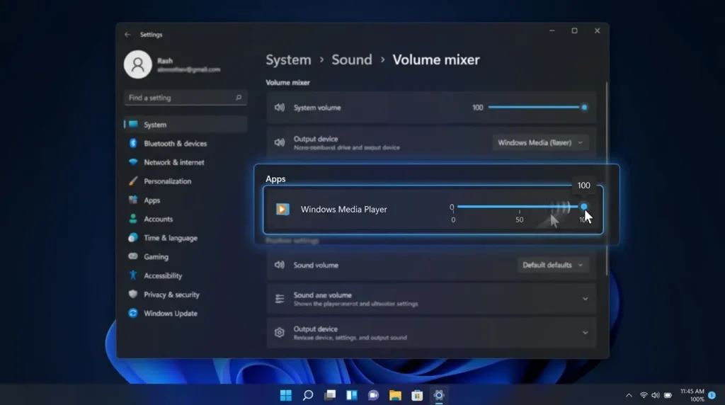 設定アプリの音量ミキサー画面でメディアプレーヤーの音量つまみを右側へ最大までドラッグして消音を解除する操作