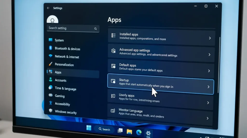 Windows 11の設定アプリ画面からアプリメニュー内にあるスタートアップ一覧を選択する操作
