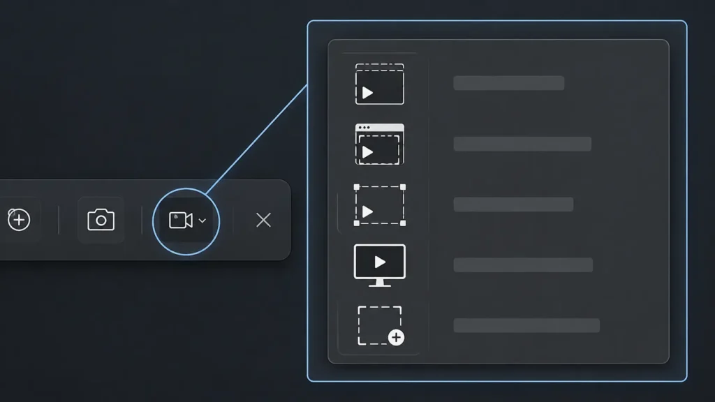 Snipping Toolのインターフェース画面でカメラマークの動画録画モードに切り替えて新規ボタンを選択する操作