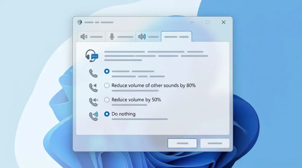 Windows 11のサウンドコントロールパネル内にある通信タブの画面表示