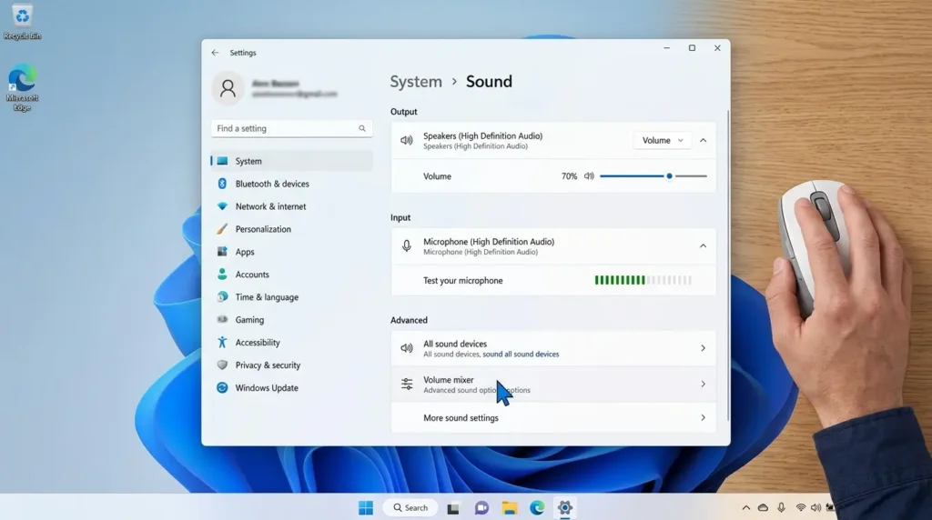 Windows 11の設定アプリでシステムメニューのサウンド項目から一番下にあるサウンドの詳細設定リンクを確認する操作