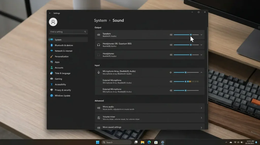 Windows 11の設定アプリでシステムメニューのサウンド項目から出力デバイスのリストを確認する操作