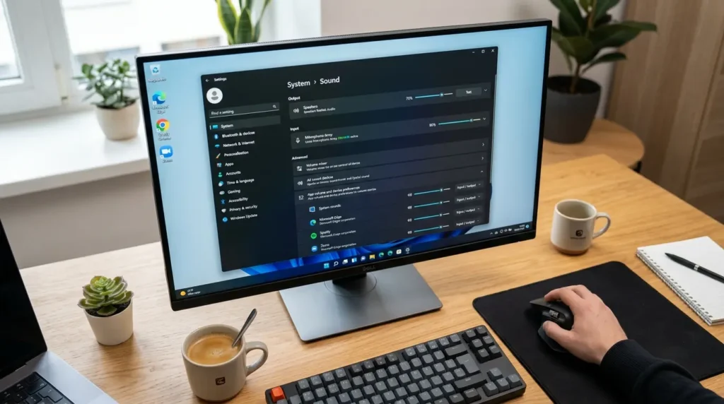 Windows 11の設定アプリでシステムメニューのサウンド項目から入力デバイスのリストを確認する操作