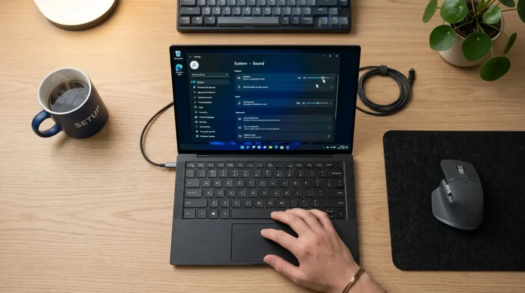 Windows 11の設定アプリでシステムメニューのサウンド項目から出力先の一覧を表示する操作