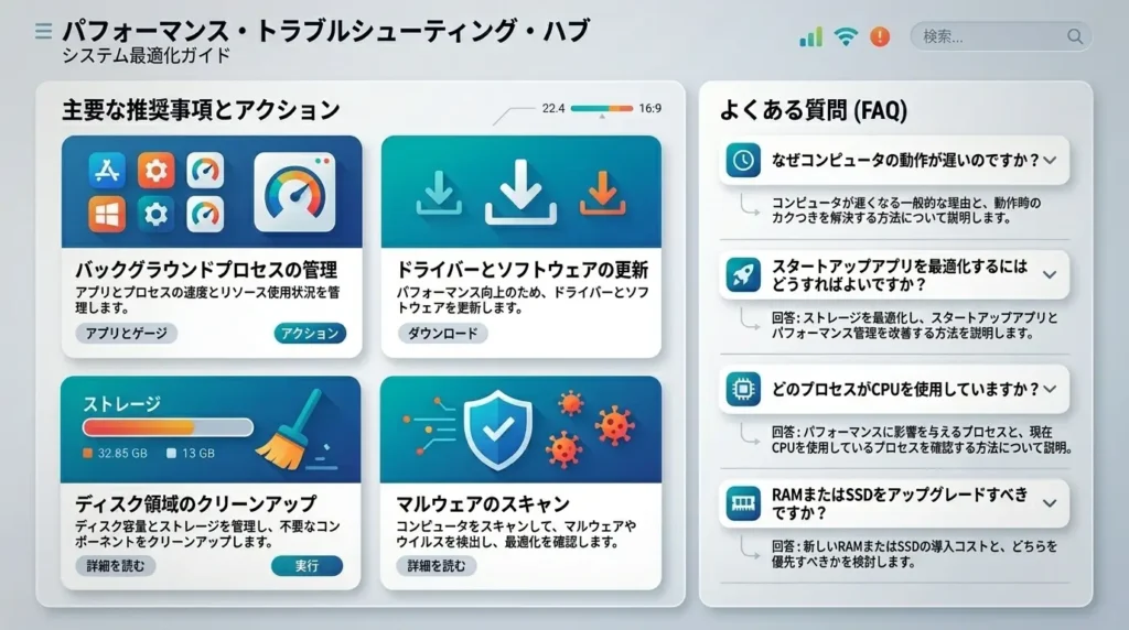 パソコンのシステム高速化やスタートアップ設定に関するよくある質問のインフォグラフィック画面