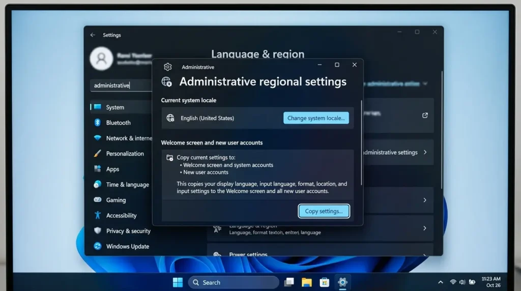 Windows 11の設定アプリ画面から時計と地域メニュー内にある管理タブのシステムロケール確認を開く操作